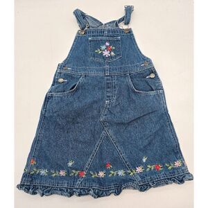 Vintage Floral Embroidered Denim Jumper Dress With Pockets & Adjustable Straps s